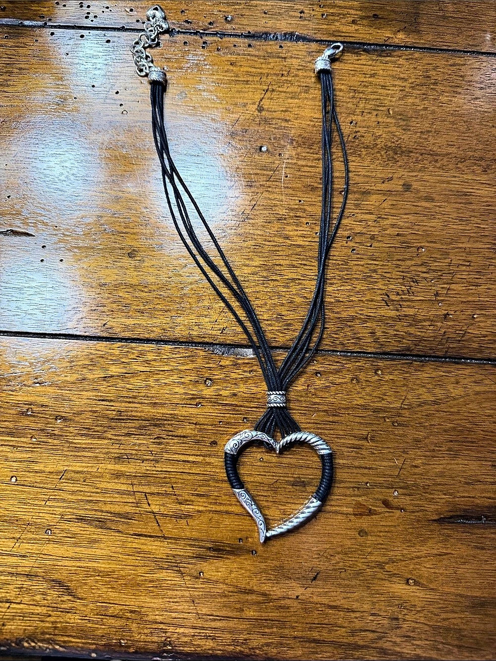 BRIGHTON 'Heritage Heart' Necklace Multi-Strand Black Cord Silver Plated 18"
